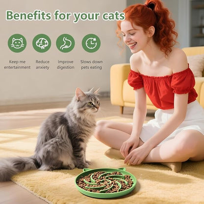 2Pcs Silicone Slow Feeder Cat Bowl,Puzzle Feeder,Interactive Toys,Slow Feeding cat Bowl Suitable for All Dry and Wet Foods,Easy to Clean Silicone Bowls (Green and Blue)