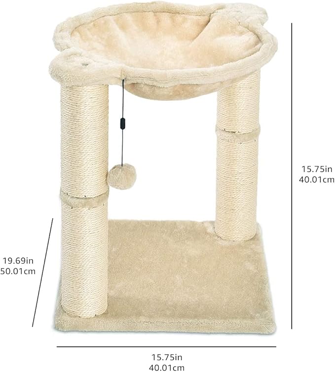 Amazon Basics Cat Tower with Hammock Bed and Scratching Post for Indoor Cats, Easy to Assemble, Interactive Hanging Ball, 15.8" x 15.8" x 19.7", Beige