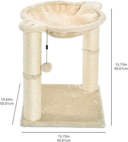 Amazon Basics Cat Tower with Hammock Bed and Scratching Post for Indoor Cats, Easy to Assemble, Interactive Hanging Ball, 15.8" x 15.8" x 19.7", Beige