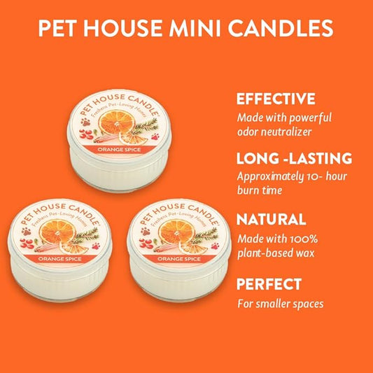 Pet House Mini Candles for Pet Odor Made with Natural Soy Wax, Plant Based, Dog and Cat Friendly Scented Candles, Orange Spice Pack of 3