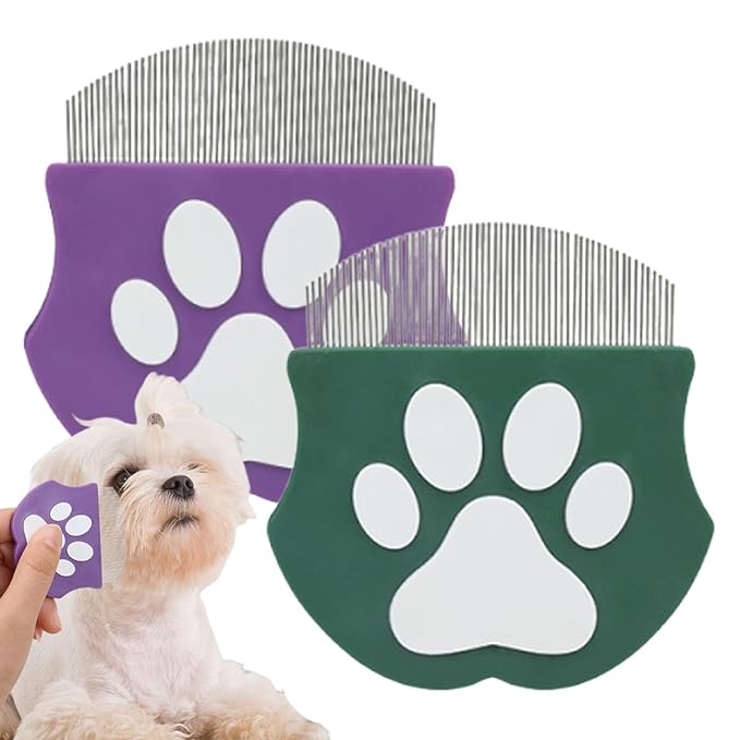 Pet Detangling Flea Comb, Dog Facial Eye Comb, Stainless Steel Tear Stain Remover, Round-Head Grooming Comb for Dog Cat (Green+Purple)