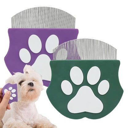 Pet Detangling Flea Comb, Dog Facial Eye Comb, Stainless Steel Tear Stain Remover, Round-Head Grooming Comb for Dog Cat (Green+Purple)