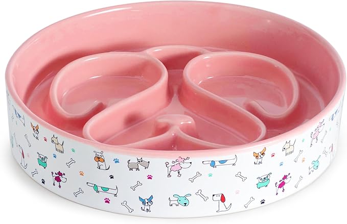Slow Feeder Dog Bowl, Ceramic Dog Bowls 1.5 Cup Puzzle Feeder - Stops Fast Eating, Prevents Bloat, Choking & Black Chin for Medium/Large Dogs, Pink﻿
