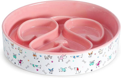 Slow Feeder Dog Bowl, Ceramic Dog Bowls 1.5 Cup Puzzle Feeder - Stops Fast Eating, Prevents Bloat, Choking & Black Chin for Medium/Large Dogs, Pink﻿