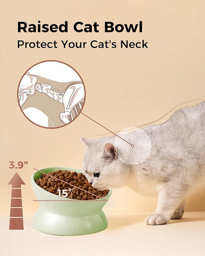 LoeJan Elevated Cat Food Bowl, 5 Oz Ceramic Raised and Tilted Water Bowl, Anti Vomiting and Protect Pets' Spines Dishes for Small Dog, Fat Faced Cat, Kitten (Green, 1 Pack)