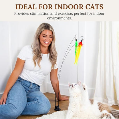 Interactive Cat Toys for Indoor Cats - 6 Feathers 3 Worms Double Sided Suction Cup - Round Base Teaser Wand - Self Play Bird Hunting - Bored Adult Feline Solo Activity - Kitten Juguetes para Gatos