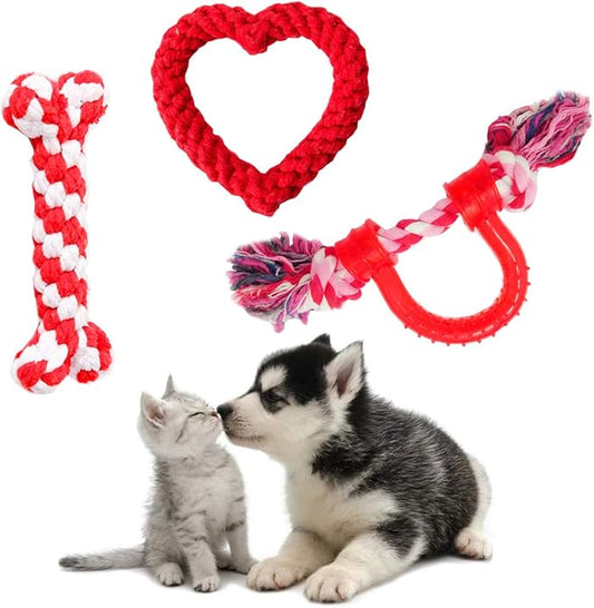 Vehomy 3Pcs Dog Valentine's Day Toys Dog Rope Toys for Dog Teeth Cleaning I Shape Heart Shape U Shape I Love You Valentine's Day Cotton Rope Puppy Chewing Toys for Small Medium Pet Dogs