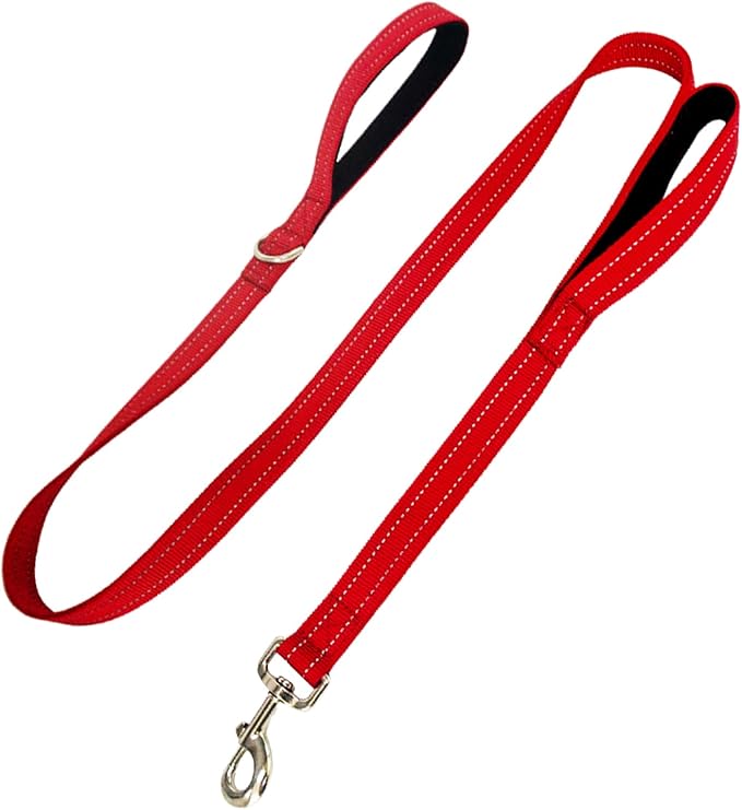 Dual Padded Handle Standard Dog Leashes with Reflective Stitching,360° Rotatable Heavy Duty Metal Buckle,D-Ring,Durable Nylon,for Medium Sized Dogs from 20 to 60 Pounds Walking and Training Red, 5Ft