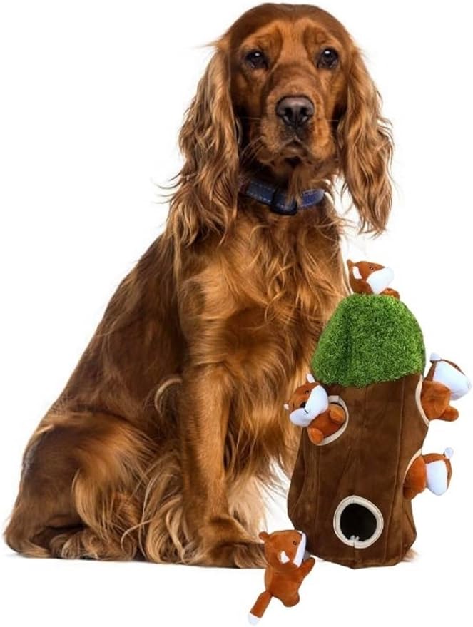 Fox in Tree Hide and Seek Dog Toy for Small and Medium Size Dogs, Plush Fox Inside Trunk Dog Toy with Squeaker, Interactive Burrow Dog Toy (Tree with Fox, Large)