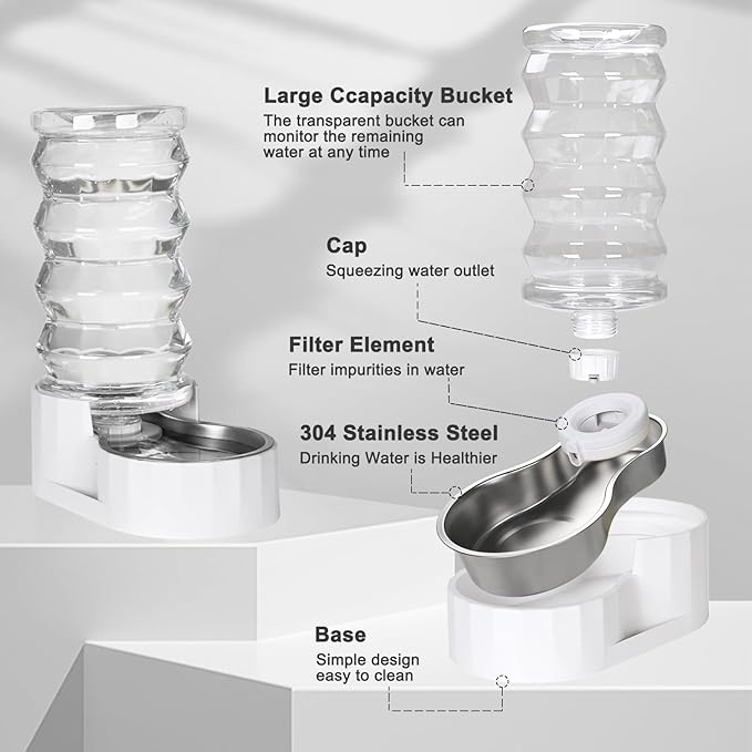 RIZZARI Gravity Dog Water Dispenser:Ion Exchange System with Activated Carbon- Helps Prevent Urinary Stones - Removes Odors -Softens Water- 8L Large Auto-Refill Stainless Steel Pet Water Waterer
