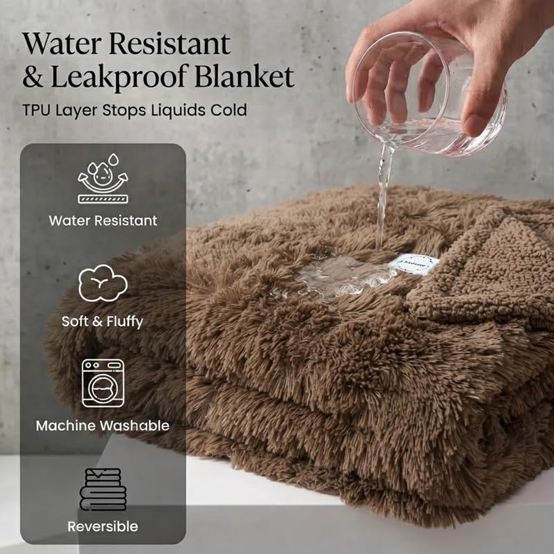 Pet Blankets Waterproof Fluffy Fleece Blanket Cat Dog Blankets Liquid Pee Proof Throw Blanket Reversible Furniture Protector Cover Washable for Couches Beds Sofa 65"x57" Brown - Image 5