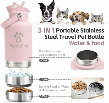 32oz Insulated Water Bottle with Dog Bowls – Human & Pet Shared Use, Stainless Steel Leakproof Travel Bottle (Rose Pink)