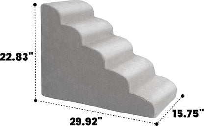 MEWANG 22.83''H Dog Stairs for Small & Medium Dogs and Old Cats – 5 Steps High-Density Foam Pet Ramp for Bed & Couch, Non-Slip, Washable Cover, Grey (Round Corner, 29.92''L×15.75''W×22.83''H)
