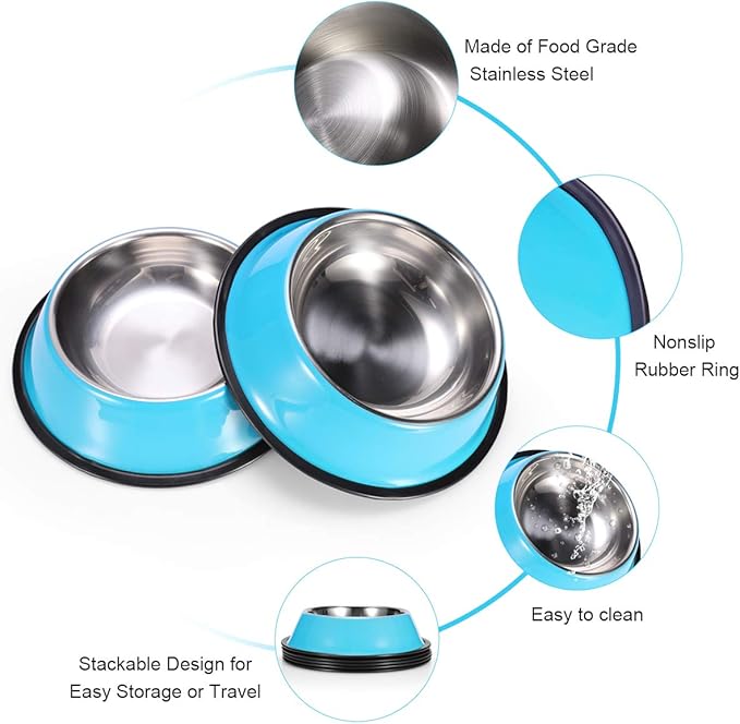 Stainless Steel Dog Bowls, Food and Water Non Slip Anti Skid Stackable Pet Puppy Dishes for Small, Medium and Large Dogs (2 Pack)