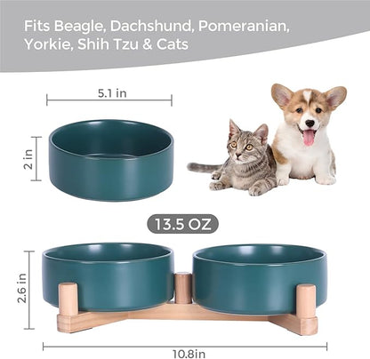 Ceramic Dog Bowl and Cat Bowls Set with 15° Adjustable Wood Stand, Non-Slip Weighted Pet Food and Water Bowls, Dual Raised Feeder for Small Dogs, Matte Glaze Pet Dish 13.5oz Set of 2 (Forest Green)