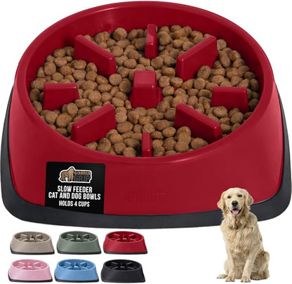 GORILLA GRIP Patented BPA Free Slow Feeder Dog Bowls, 4 Cup Interactive Puzzle Toy for Dogs and Cats Food Training Enrichment, Keeps Pets Busy and Prevents Puppy Overeating, Large Breeds, Red