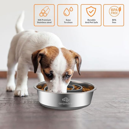 2-in-1 Metal Dog Bowl with Slow Feeder Insert, Stainless Steel Dog Bowls Food Grade 304, Water Food Bowl with Anti-Slip Silicone Base for Small, Medium, Large Breed Dogs
