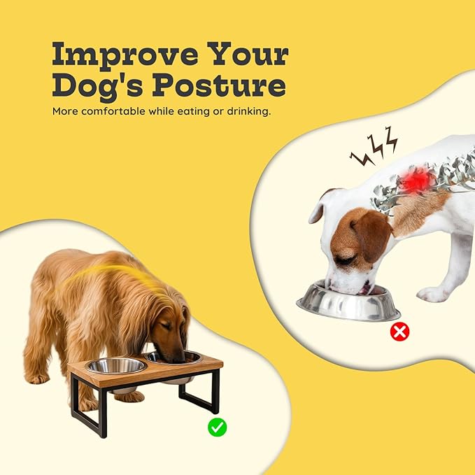 Elevated Dog Bowls, Medium 5.2 Height Mango Wood Raised Dog Bowl Iron Stand Frame with 64oz 2 Pcs Stainless Steel Pets Dishes, Food & Water 8Cup, 1.9L Capacity Nonslip Cat Feeding Station