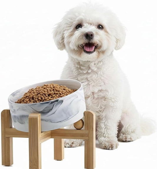 hjn Elevated Ceramic Dog Bowl 15°Slanted Raised Dog Bowl with Bamboo Stand for Small Medium Dogs and Cats, Pet Feeder -3.6-Cup (850ml)-Marble Gray