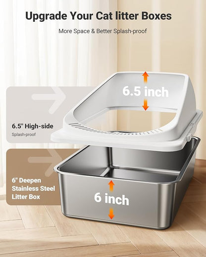 2 Pack Stainless Steel Cat Litter Box with High Sides Lid, XL Extra Large Metal Litter Box for Large Kitty and Multi-Cats, Anti-Urine Leakage, Non-Sticky, Include Scoop and Mat (Black＆White)