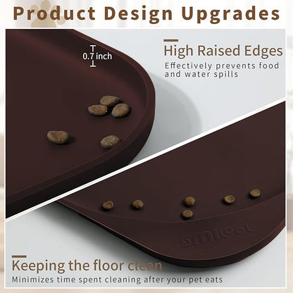 Silicone Pet Food Mat with Raised Edge for Food and Water Bowl, Dog Feeding Mats, Cat Food Trays for Floor Waterproof, Rubber Tray for Dogs and Cats, 19 x 12 x 0.7 Dark Brown