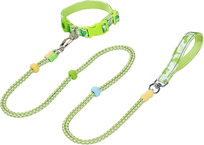 JSXD Dog Leash and Collar Set with AirTag Holder for Small Medium Large Dogs,5 FT Double Rope Leashes with Adjustable Reflective Soft Padded Nylon Pet Collars (Green, Small)