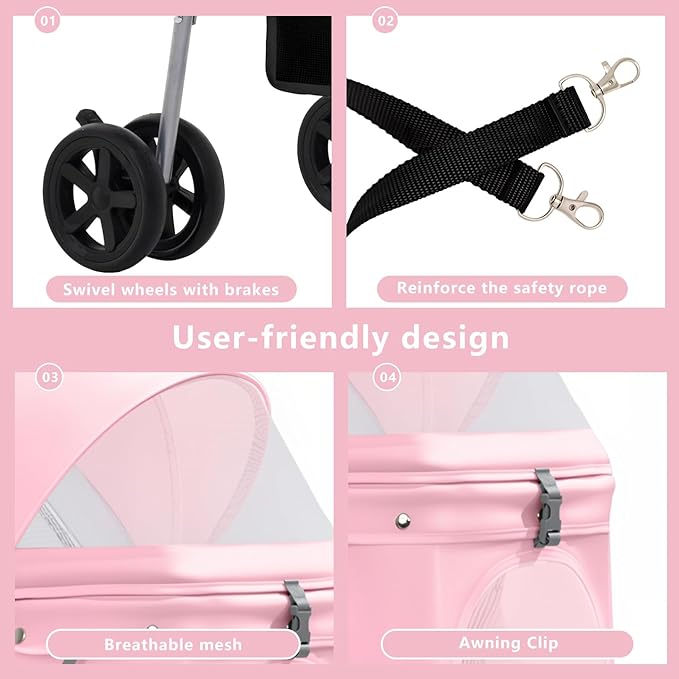 Pet Stroller for Small/Medium Dogs and Cats, Foldable 3 Wheel Jogger with One-Click Fold, Breathable Mesh, Storage Basket, Cup Holder, Weather Cover, (Pink)
