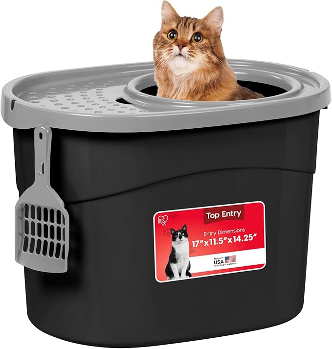 IRIS USA Large Top Entry Cat Litter Box with Lid Enclosed Covered Hooded Design Litter Catching Scatter Shield Pan Dog Proof Pet Proof Scoop Included Odor Control for Indoor Cats Kittens Black/Gray