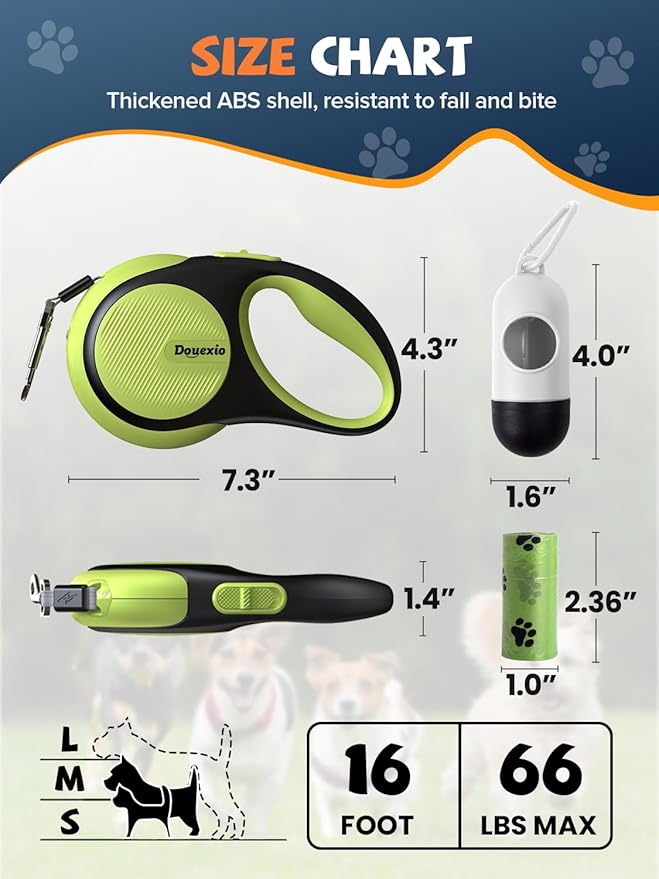 Retractable Dog Leash with LED Flashlight, Douexio Upgrade 3 in 1 Dog Leash Retractable for Small Medium Dogs Up to 66 lbs, 16ft, Anti-Slip Handle (Black-Green)