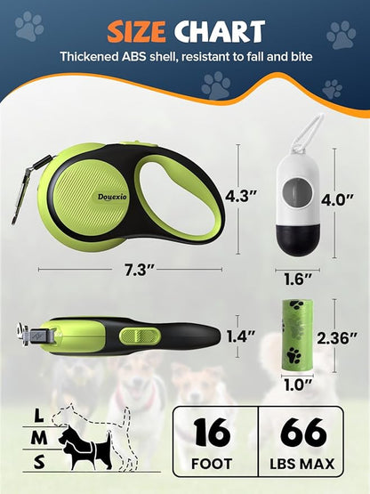 Retractable Dog Leash with LED Flashlight, Douexio Upgrade 3 in 1 Dog Leash Retractable for Small Medium Dogs Up to 66 lbs, 16ft, Anti-Slip Handle (Black-Green)