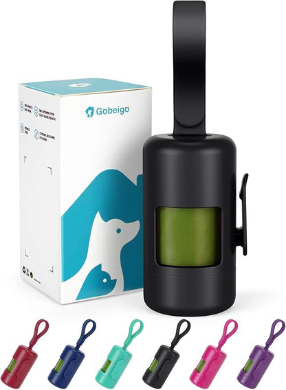 Gobeigo Dog Poop Bag Holder【Convenient Hook for Used Bags】【Silicone Strap Fits Any Leash】【Large Opening for Easy Dispensing】with 1 Roll Waste Bags (Black)