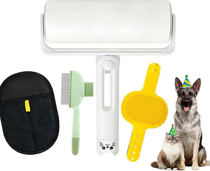 Electrostatic Pet Hair Removal Glove - Includes Self-Cleaning Deshedding Comb + Refillable Lint Roller + Soft Bath Brush, 4-in-1 Pet Grooming Kit for Cats/Dogs/Clothes/Couch/Car