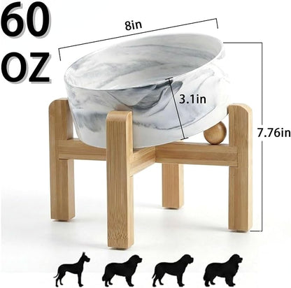 hjn Elevated Ceramic Dog Bowl 15°Slanted Raised Dog Bowl with Bamboo Stand for Small Medium Dogs and Cats, Pet Feeder -7.6-Cup (1800ml)-Marble Gray