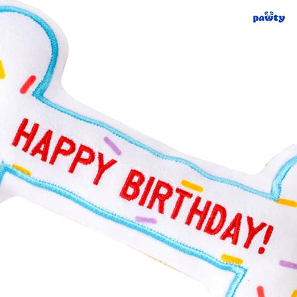 PAWTY Birthday Bone Dog Toy - Funny Interactive Tug Rope Squeaky Dog Birthday Gift - Plush White Bone Toy for Small Medium Dogs - Dog Birthday Party Supplies