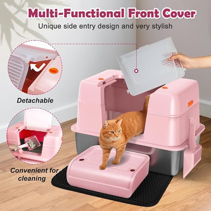 Vivifying Pink Stainless Steel Covered Cat Litter Box – Odor-Control, Easy-Clean Modular Enclosed Kitty Toilet, Elegant Design for Stylish Cat Moms