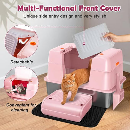 Vivifying Pink Stainless Steel Covered Cat Litter Box – Odor-Control, Easy-Clean Modular Enclosed Kitty Toilet, Elegant Design for Stylish Cat Moms