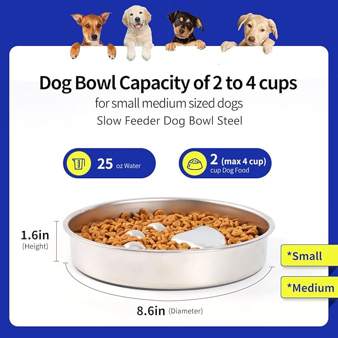 Slow Feeder Dog Bowls, 304 Stainless Steel Metal Slow Feeder Dog Bowl, Suction Cup Anti Flip,2X Non-Slip,2-4 Cups, for Small & Medium Breed（Weighs 0.45 pounds）