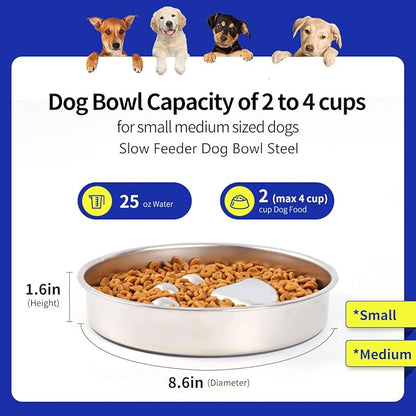 Slow Feeder Dog Bowls, 304 Stainless Steel Metal Slow Feeder Dog Bowl, Suction Cup Anti Flip,2X Non-Slip,2-4 Cups, for Small & Medium Breed（Weighs 0.45 pounds）