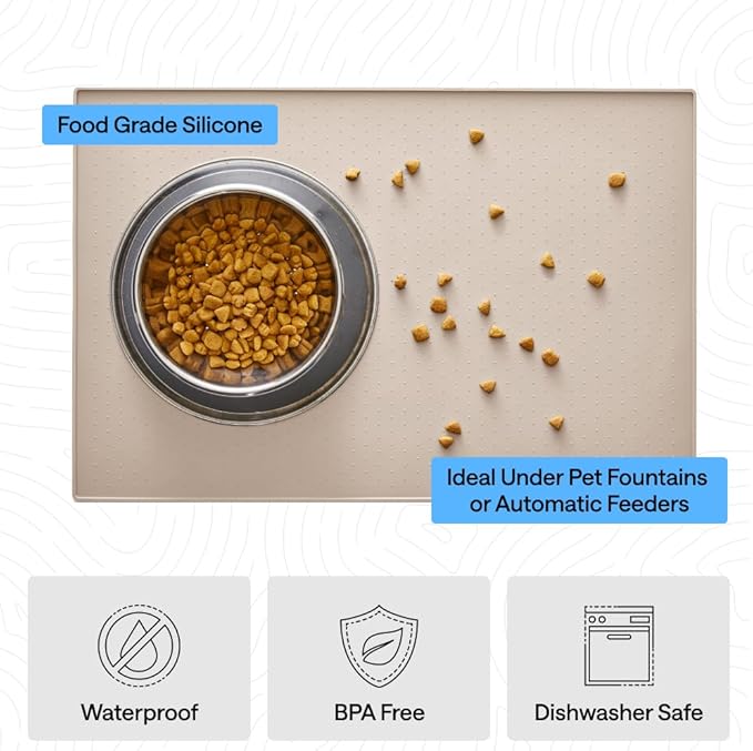 GORILLA GRIP 100% Waterproof Raised Edge BPA Free Silicone Pet Feeding Mat, Dog Cat Food Mats Contain Spills Protects Floors, Placemats for Cats and Dogs Water Bowl, Pets Accessories 16x10, Cream