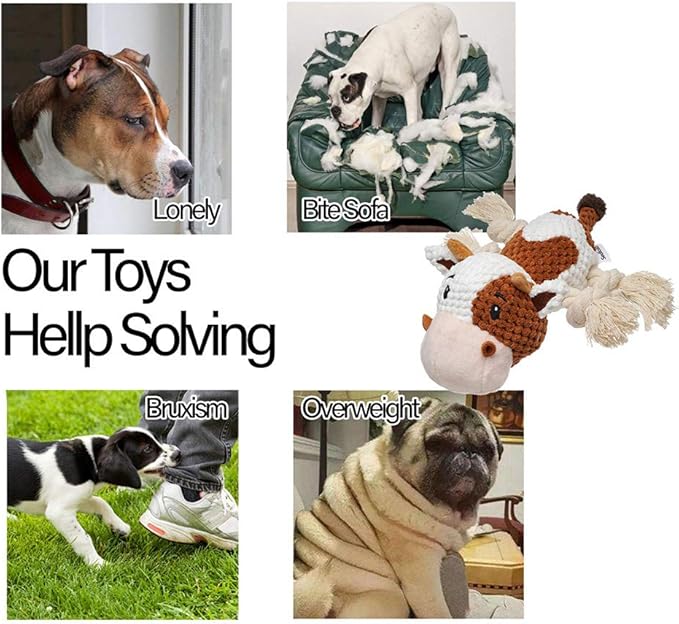 Dog Toys Set, Large Dogs Toy, Stuffed Animal Dog Chew Toy, Soft Plush Dogs Toys Pack for Small. Middle, Large Breed(3-Pack, Cow)