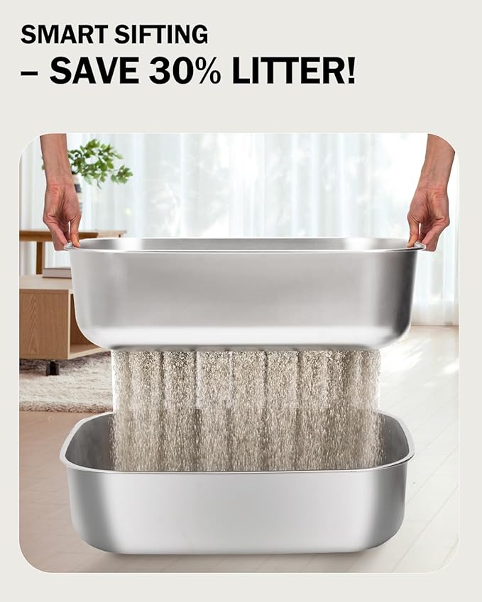 Stainless Steel Sifting Litter Box with Lid, Metal Litter Pan with Scoop for Big Cats Multi Cat, Extra Large Cats Litterbox Odor Control Easy Clean
