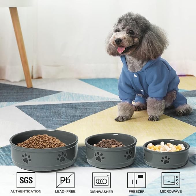 Sweejar Ceramic Dog Bowls with Paw Pattern, Dog Food Dish for Medium Dogs, Porcelain Pet Bowl for Water 35 Fl Oz (Gray)