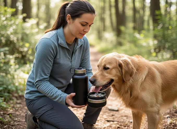 Stainless Steel Dog Water Bottle 32oz with Built-in Bowl, Leak-Proof Travel Pet Water Dispenser, Carry Loop for Walking, Hiking, Outdoor Use (Black)