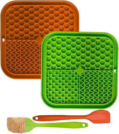 Dog Lick Mat 2-Pack (Orange & Green) with Spatulas – Silicone Licking Pads for Dogs & Cats, Peanut Butter Slow Feeder, Strong Suction, Anxiety Relief for Bath & Grooming, Dishwasher-Safe