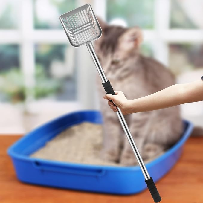 Hortsun 32 Inch Cat Litter Scooper Metal Long Handle with Cat Litter Scoop Holder Deep Kitty Sifter Shovel Detachable Stainless Steel Poop Sifter Scooper Caddy Kitty with Box(Gray)