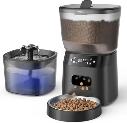 Automatic Cat Feeder and Water Fountain, 4L/16Cups Pet Dry Food Dispenser 2L Water Dispenser, Locking Lid, Programmable Timer 6 Daily Meals, 10s Voice Recorder, Cat Accessories for Puppy Kitten