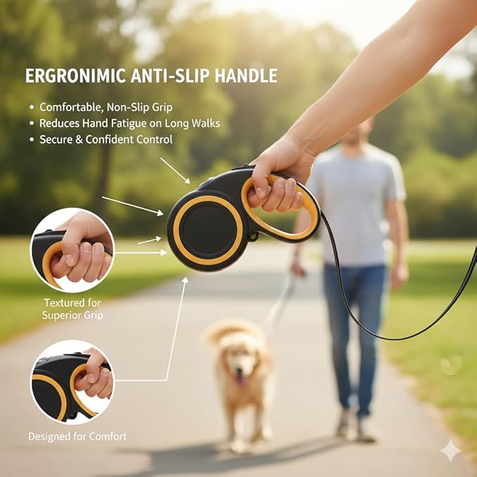 Retractable Dog Leash with Reflective Tape - 16ft Heavy Duty Tangle-Free Walking Leash for Small to Medium Dogs - Ergonomic Non-Slip Grip - Enhanced Night Safety & One-Handed Brake