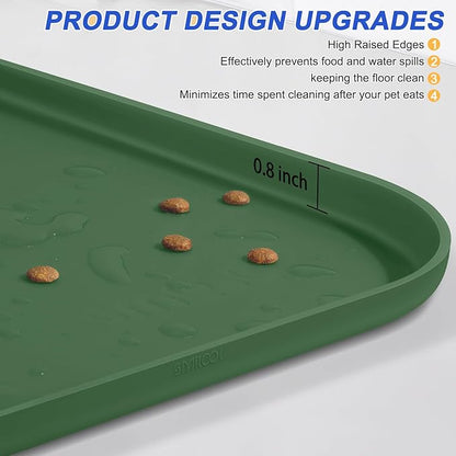 Silicone Pet Feeding Mat with Raised Edge for Food and Water, Dog Bowl Mats, Cat Bowls Placemat with High Lip for Floor Waterproof, Rubber Tray for Cats and Dogs 22 x 14 x0.8 Dark Olive