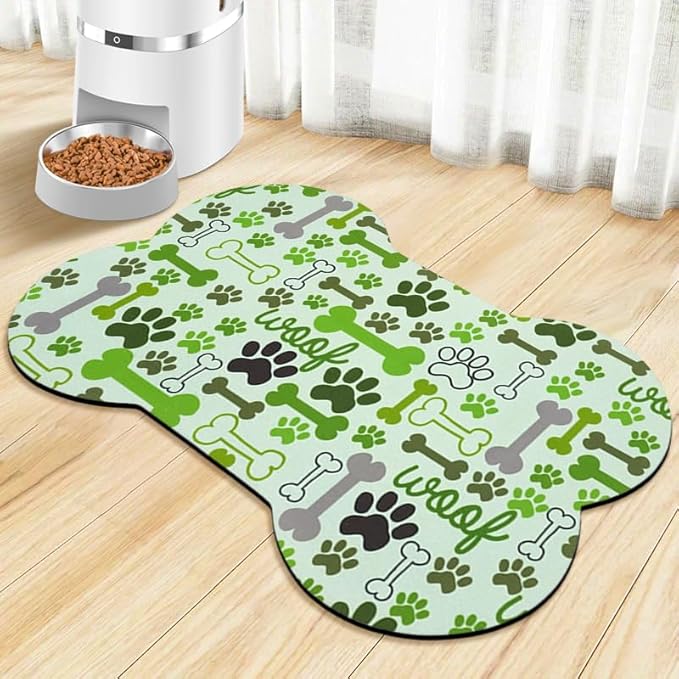 Dog Food Mats for Floors Waterproof, Pet Feeding Absorbent Water Bowl Mat Cat Placemats Green Bone Shape 23.6 * 15.7 inch