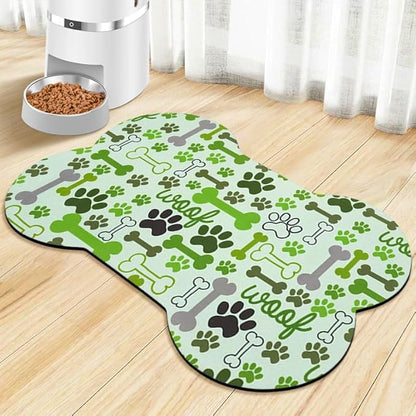 Dog Food Mats for Floors Waterproof, Pet Feeding Absorbent Water Bowl Mat Cat Placemats Green Bone Shape 23.6 * 15.7 inch